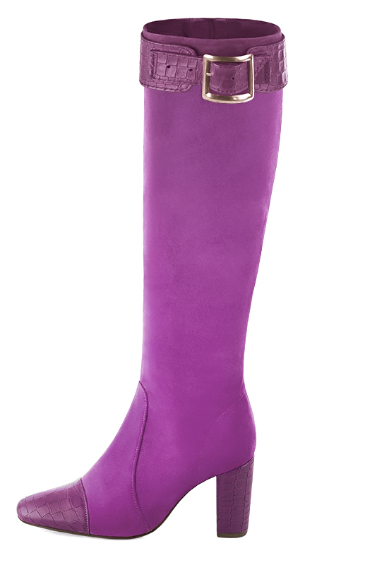 Mauve purple women's feminine knee-high boots. Round toe. High block heels. Made to measure. Worn view - Florence KOOIJMAN